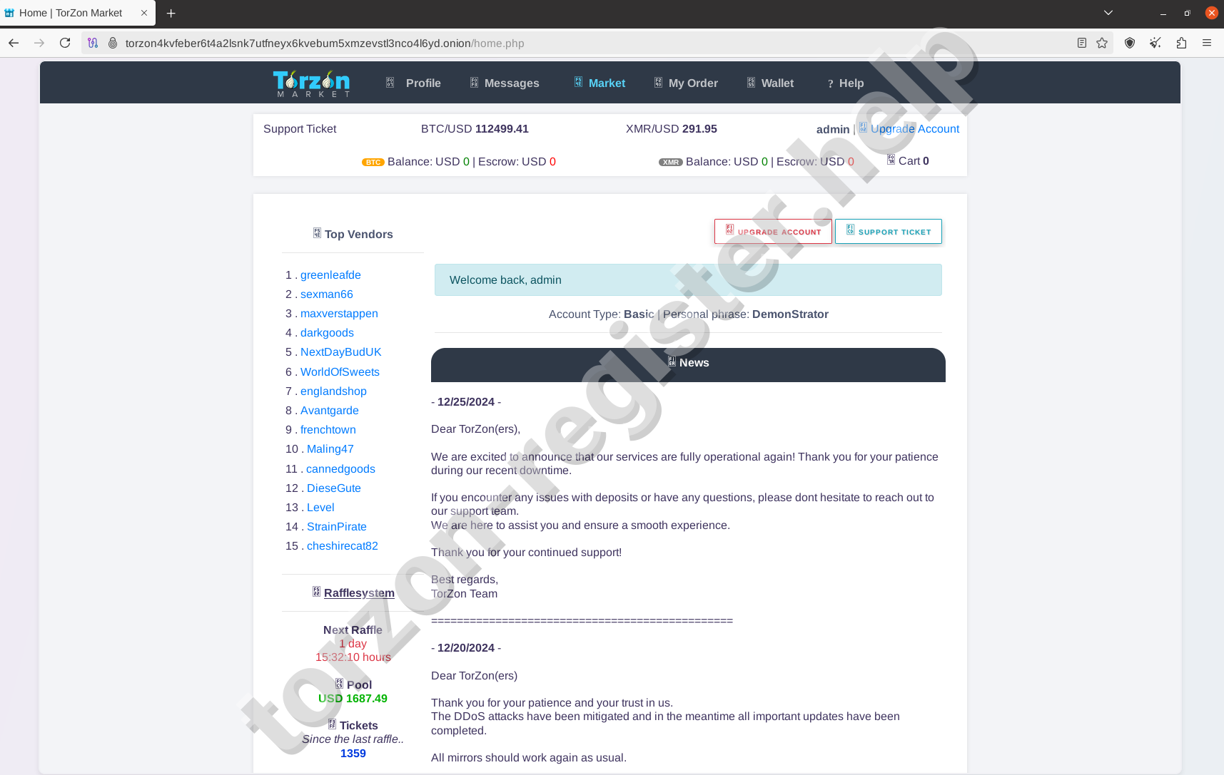 Torzon Darknet Market Home Dashboard